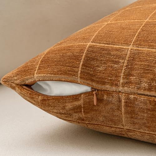Image of MIULEE Bronze Plaid Decorative Fall Throw Pillow Covers 18x18 Set of 2 | Vintage Check Chenille Couch Pillows Boho Farmhouse Cushion Covers Modern Fall Home Decor for Sofa Bed Living Room