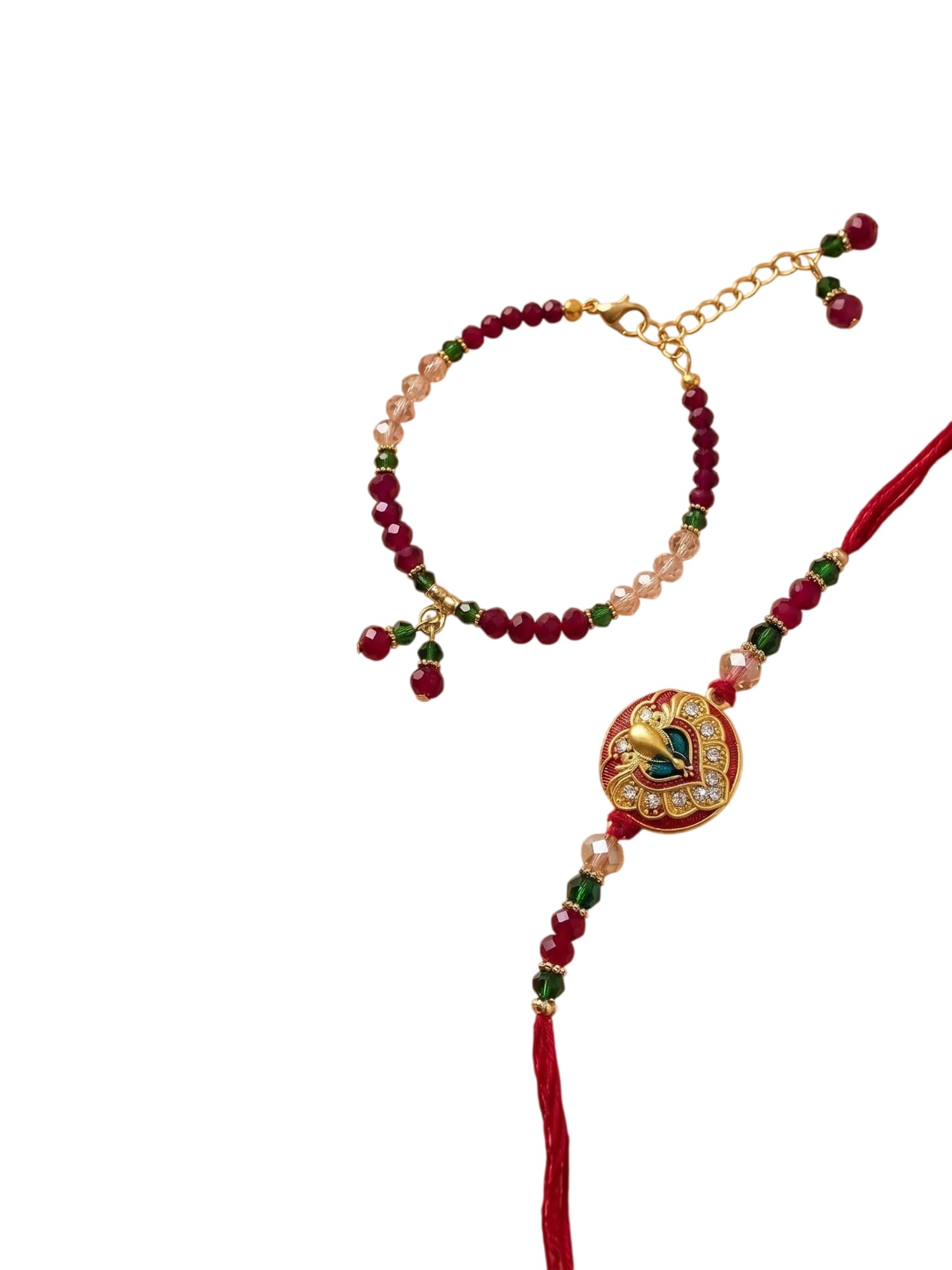 Peacock and Multicolor Stone Kada Bhaiya Bhabhi Rakhi Set-image-27