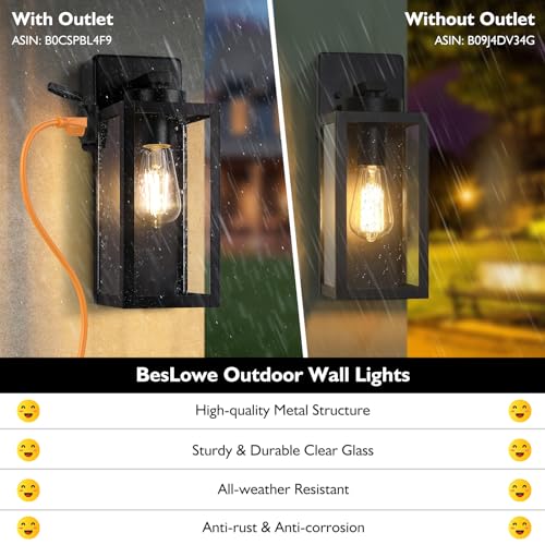 Image of BesLowe Porch Lights with Outlet, Modern Outdoor Wall Light Fixtures, Black | UL-Listed Extra Power Socket, Waterproof, Rust-Resistant, Durable Metal with Clear Glass, Easy to Install