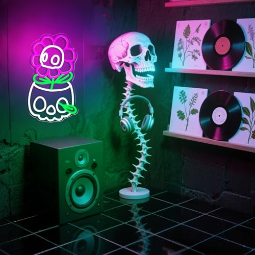 Image of Skull Neon Sign for Wall Decor Halloween LED Sign Dimmable Cute Skull Flower Neon Sign for Boys Girls Bedroom, Game Room, Living Room, Man Cave, Halloween Party Decor Gifts