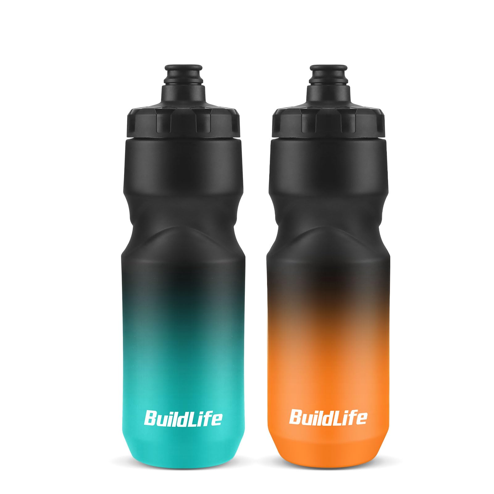 BuildLife 2 Pack Sports Water Bottle, 710ML Squeeze Water Bottle, Biking Water Bottles, BPA Free & Leakproof Cycling Bottles for Hiking, Outdoor Sports Dishwasher Safe (BlackBlue+BlackOrange)
