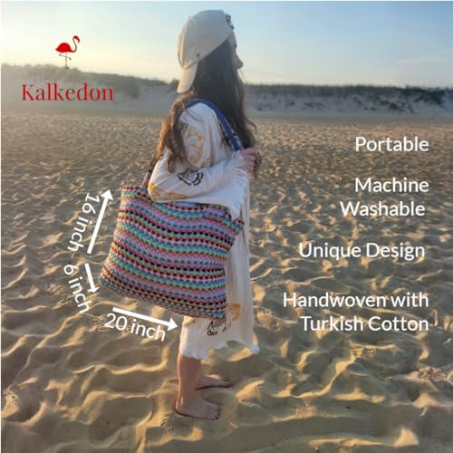 Image of Large Boho Beach Tote Bag Handwoven Turkish Cotton Multicolor Summer Shoulder Bag Made for Travel Fits Towels Swimsuits Lightweight Machine Washable Eco Friendly