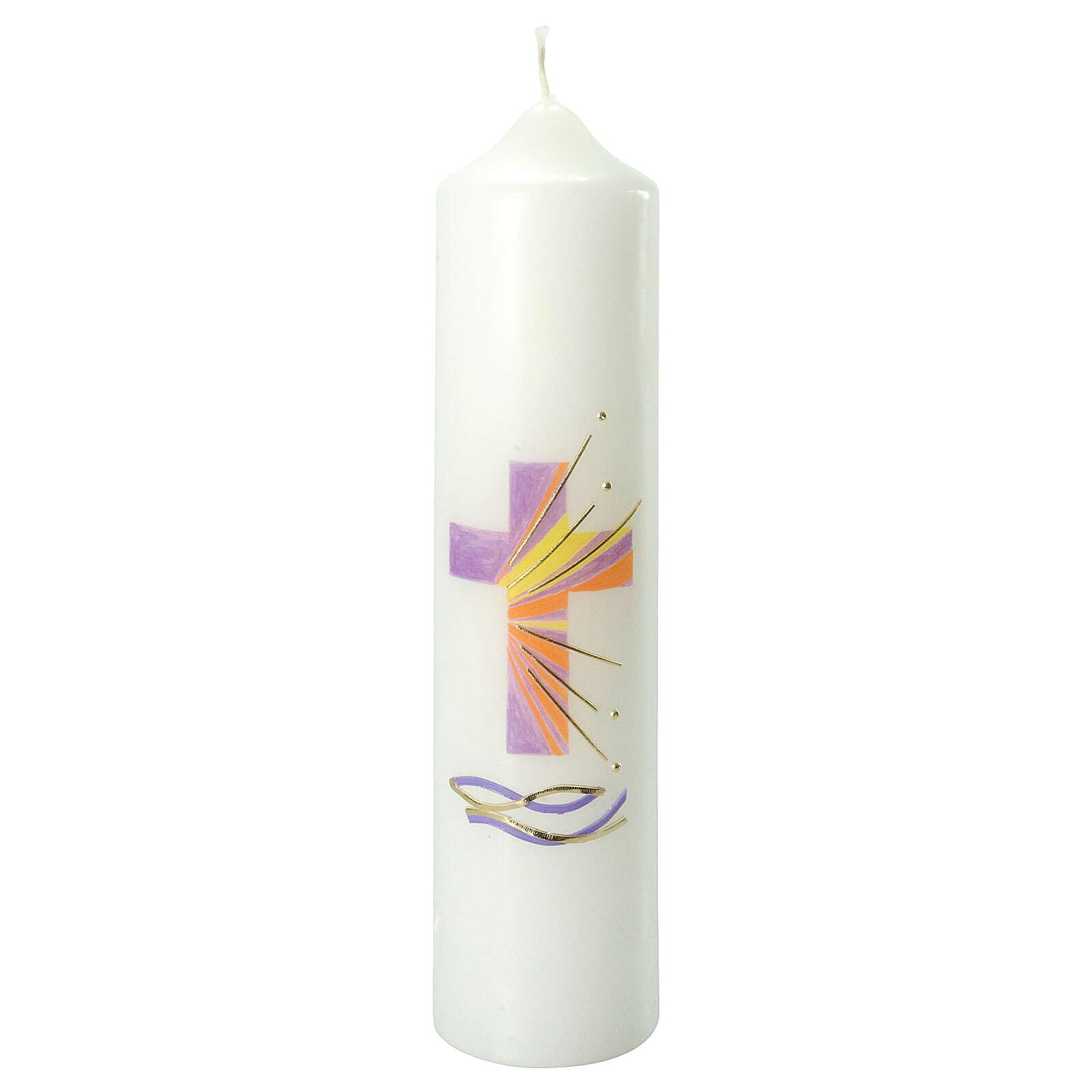 Holyart Świece, paschały, gromnice, świeczki: Świeca krzyż liliowy promienie, Chrzest, 265x60 mm