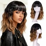 ONICE Ombre Brown Bob Wig With Bangs 14 Inches Curly Wigs For Women Short Wavy Bob Wigs With Dark Root Heat Resistant Synthetic Wigs For Beginners (Black To Brown)