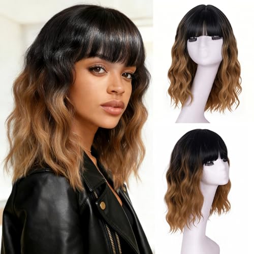 ONICE Ombre Brown Bob Wig With Bangs 14 Inches Curly Wigs For Women Short Wavy Bob Wigs With Dark Root Heat Resistant Synthetic Wigs For Beginners (Black To Brown)