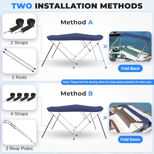 Image of SereneLife 4 Bow Blue Bimini Top Boat Cover, with Canvas Aluminum Frame ,UV Level 4 Protection Waterproof Canopy, with Front Straps & Rear Support Arms, Fits 8'L x 79-84 inchW x 54 inchH Boats Easy Install