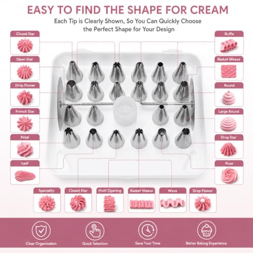 Image of PureBake 26 Pcs Cake Decorating Set, Nozzles for Frosting Icing Piping Bag, Used for Pastry, Cakes, Cookies & Muffin Decoration, Reusable Piping Bag, Flower Nail, Included