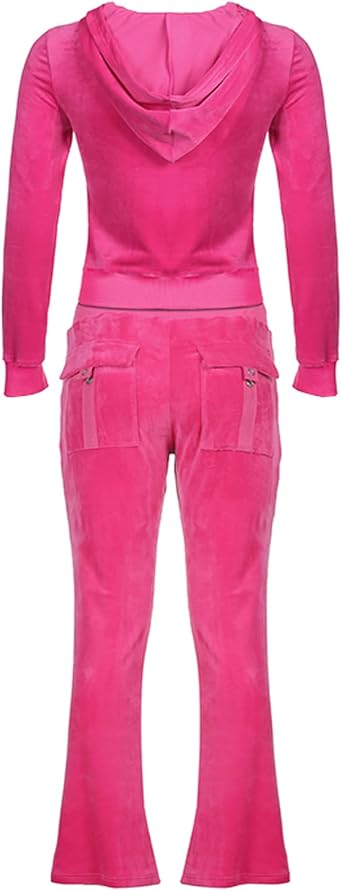 Women's Long Sleeve Zipper Hoodie Cropped Jacket and Sweatpants Y2K 2 Piece Velour Tracksuit Set