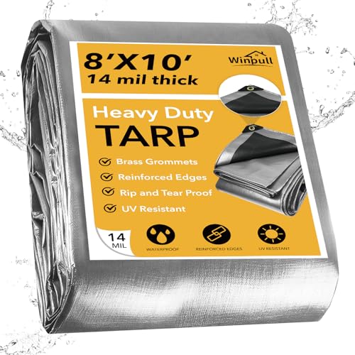 Winpull Tarp 8x10 Feet 14 Mil Heavy Duty Waterproof Tarp, Large Multipurpose Cover with Brass Grommets and Reinforced Edges, UV Resistant Thick Poly Tarps for Outdoor Camping Tent Pool Car
