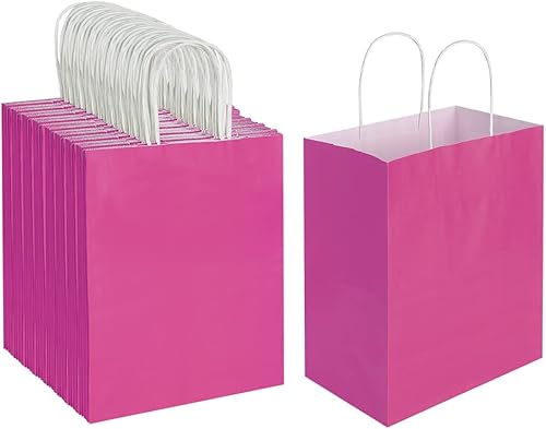 Oikss Paquete de 100 bolsas de papel kraft medianas de 8 x 475 x 10 pulgadas con asas a granel bolsas de papel rosa para cumpleaños bodas fiestas