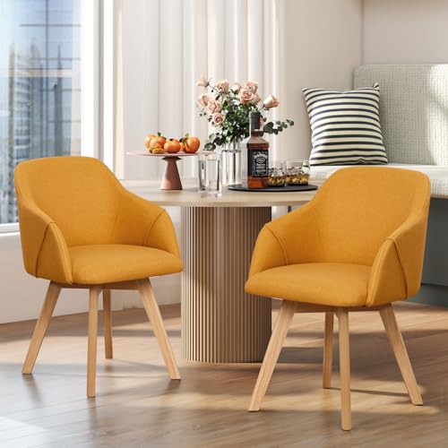 Lot de 2 chaises de salle à manger pivotantes avec pieds en bois, pivotantes, avec accoudoirs, design mi-siècle, tissu en coton et lin, pour cuisine, salle...