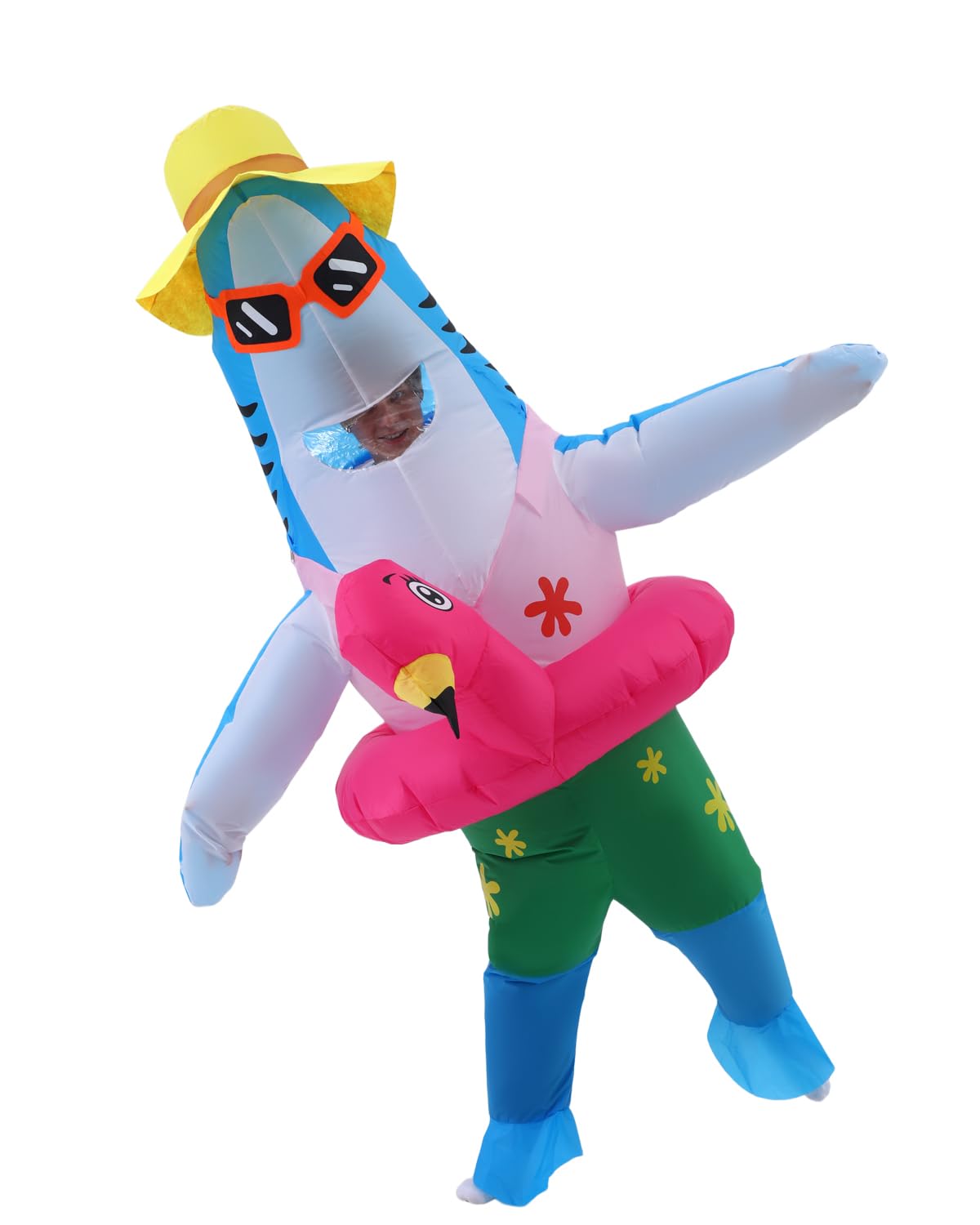 FUNFOCUS Inflatable Shark Costume Adult - Full Body Air Shark Costume Men Women Funny Fancy Dress Costume for Halloween Christmas Carnival Party (Inflatable Shark Flamingos Costume Adult)
