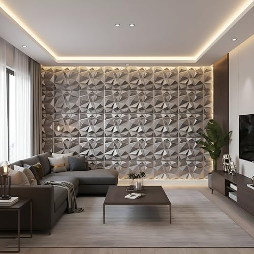 Image of Kayra Decor 3D PVC Wall Panels - Small Diamond Design, Silver Color, 19.7 inch x 19.7 inch (Pack of 18) | Covers 42.28 Sq. Ft. |
