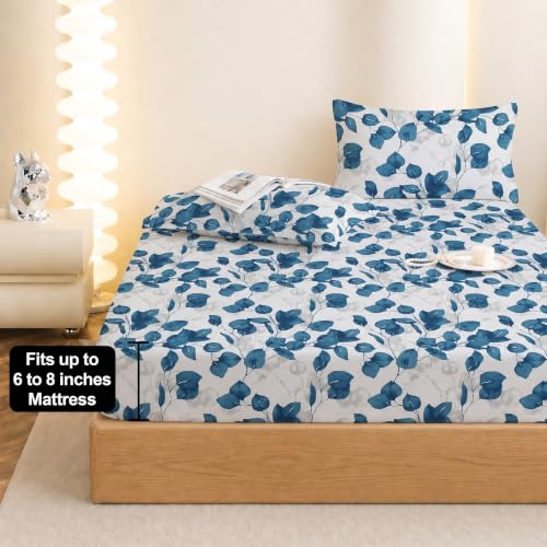 Image of IVAZA Ezyption Cotton Super Soft 240 TC Elastic Fitted All Around Elastic Printed King Size Double Bed Bedsheet with 2 Pillow Cover 72 inch X 78 inch3 White Blue Leaf