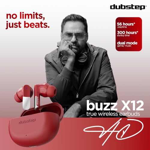 Image of Dubstep Buzz X12 TWS Earbuds, 60Hr Playtime, Bluetooth 6.0, ENC Noise Cancellation, 13mm Drivers, Game & Music Dual Mode, 40ms Low Latency, Touch Control, Quick Charge (Red)