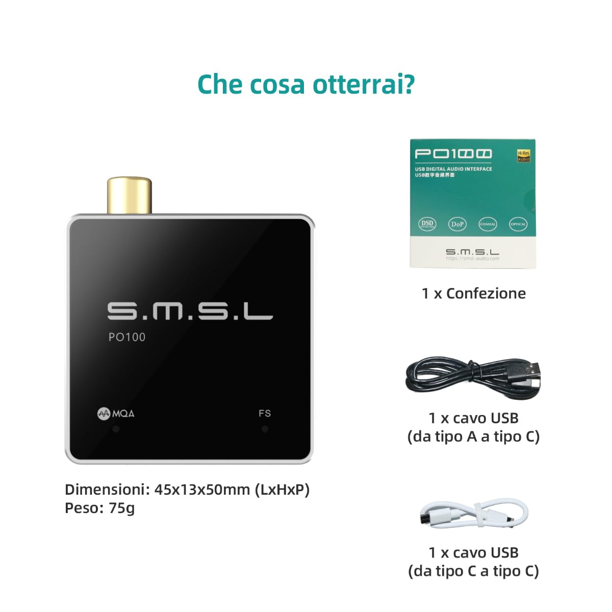 SMSL PO100 192kHz Adattatore Audio USB a Ottico XMOS XU316 Tipo-C SPDIF Coassiale Argentato
