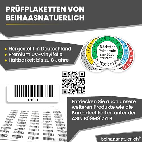 beihaasnatuerlich® 112 Stck Prüfplaketten Nächster Prüftermin, 20 mm Ø, Prüfetiketten nach DGUV V3, 2025-2030, Prüfaufkleber, E-Check Prüfetikett, Plakette für Elektrogeräte (Gelb, 1 Bogen)