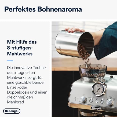 Foto von De'Longhi Siebträgermaschine La Specialista Arte EC9155.MB, Espressomaschine mit Mahlwerk, 8 Mahlgrade, 15 Bar, 3 Temperaturen, Milchschaumdüse, 1550W, 1,7L Tank, Edelstahl/Schwarz inkl. Barista-Kit