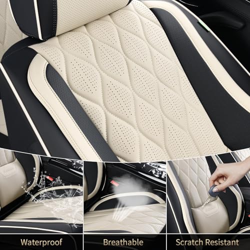 Image of FLORICH Car Seat Covers Front and Rear Seat Cover for Car Luxury Faux Leather Automotive Seat Covers Full Set Universal Car Seat Protector 5 Seats Fit for Most Cars Sedans Trucks SUV, Black&Beige