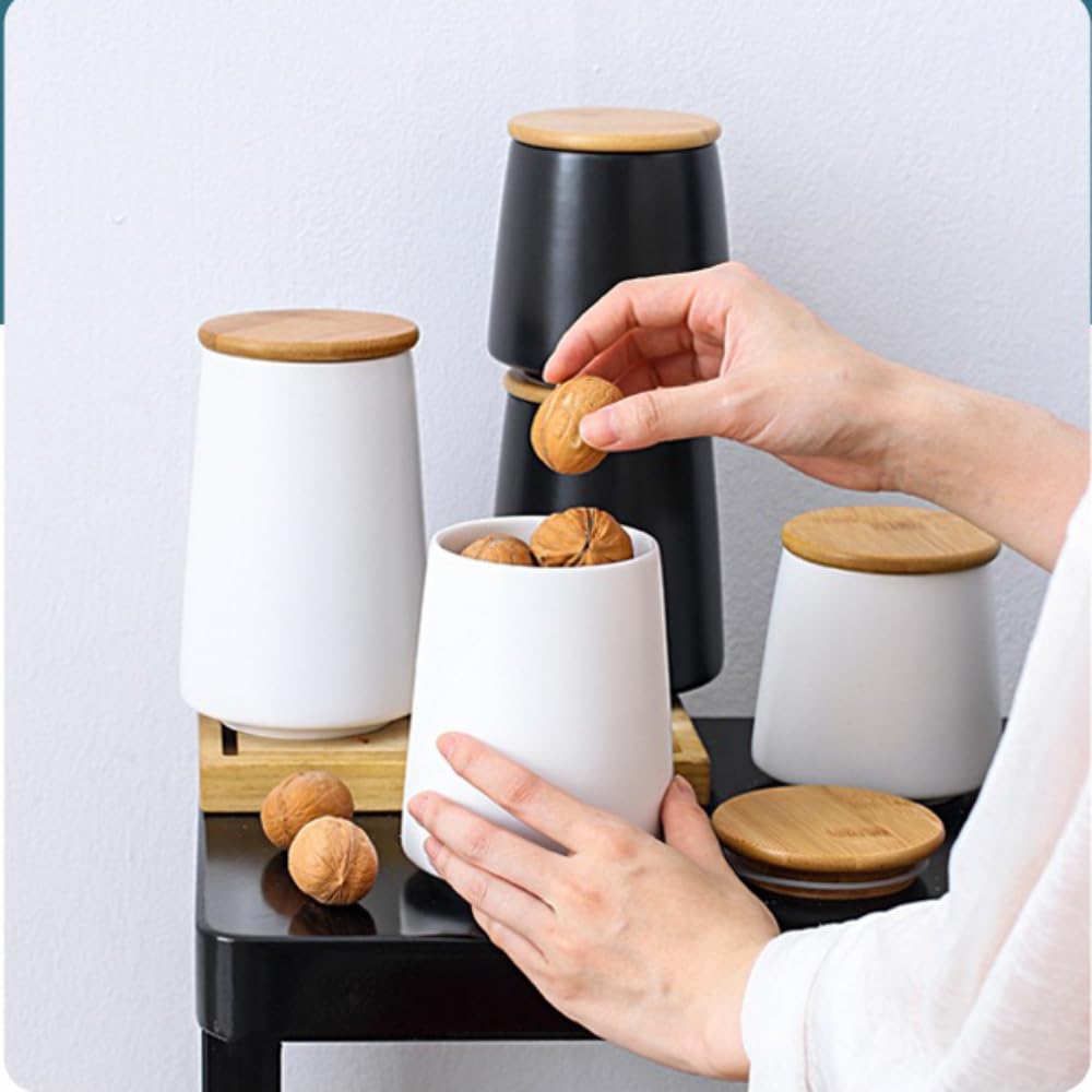 Ceramiczne pojemniki na zapasy z bambusową pokrywką, pojemnik do przechowywania żywności, do herbaty, cukru, kawy, orzechów, białe, A, 3-częściowy zestaw