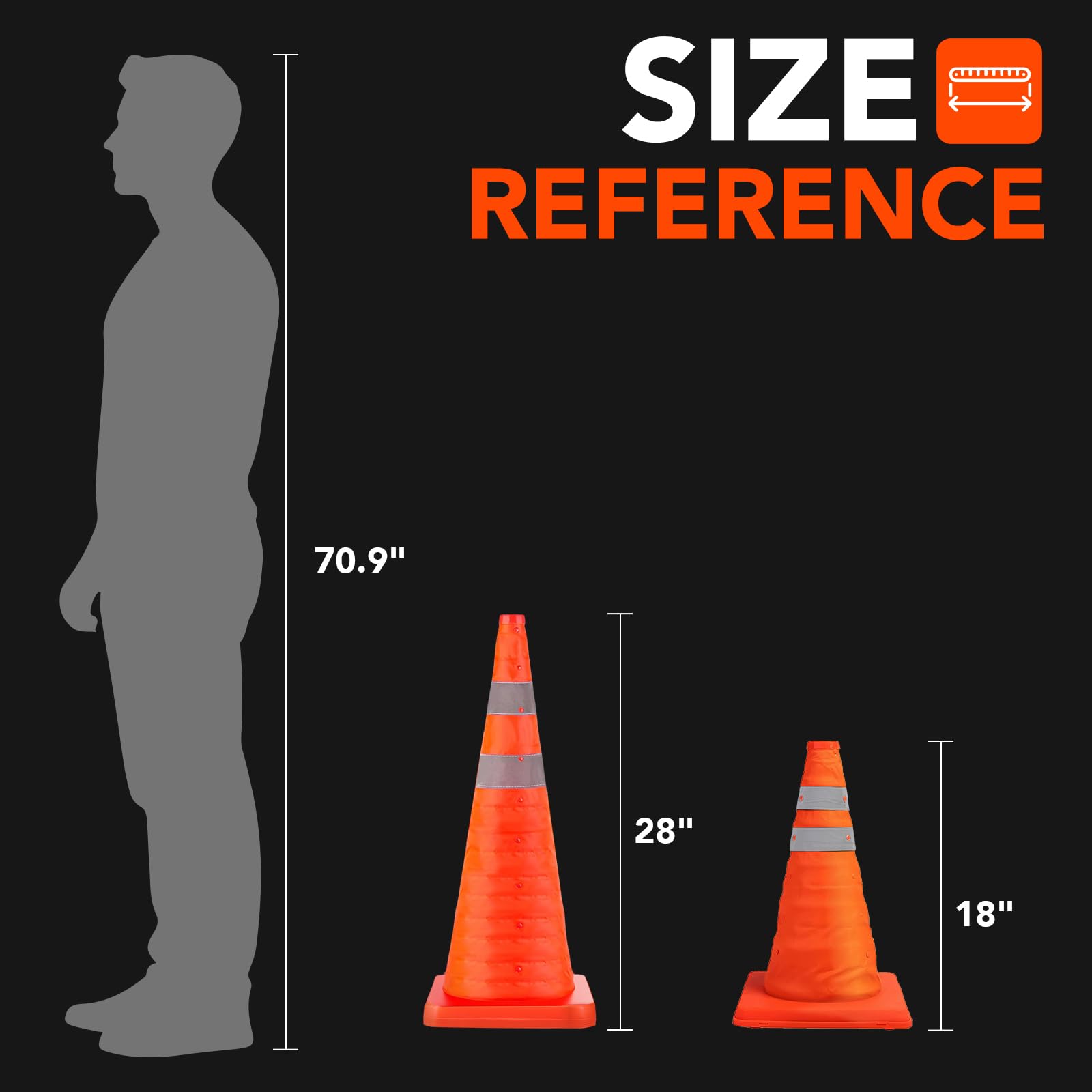 Conos de seguridad plegables para seguridad vial, 71,1 cm, cono de estacionamiento con collares reflectantes, conos de seguridad naranja para estacionamiento, entrada, entrenamiento de conducción, etc