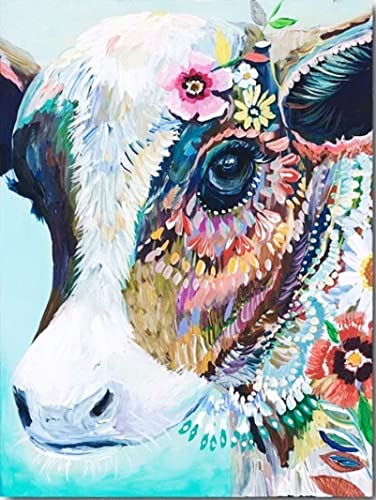 YEESAM ART Paint by Numbers for Adults Kids, Colourful Cow with Flowers 16x20 Inch Linen Canvas Acrylic DIY Number Painting Kits Wall Art Decor Gifts (Framed)