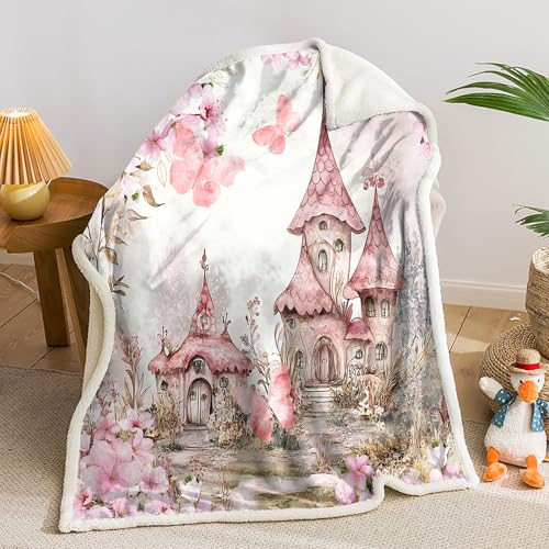 Image of AILONEN Fairy Castle Throw Blanket,Pink Castle Dreamy Fleece Sherpa Blanket for Kids Girls,Beautiful Flower Garden Princess Blanket,Soft Lightweight, 47 x 31 Inches