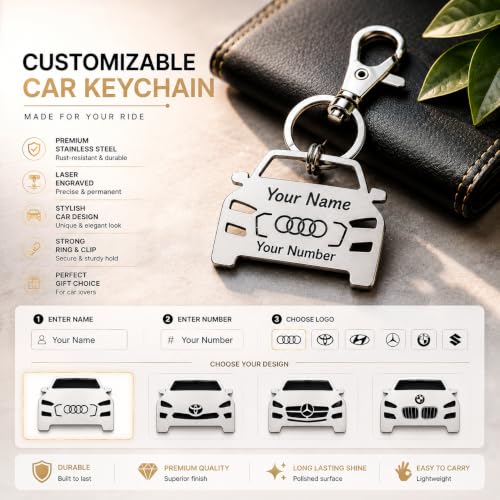 Image of Personalized Stainless Steel Key Chain /Key Ring | Durable, Compatible with All Models | Customized Car Number Plate | Ideal Gift for Him (Silver)