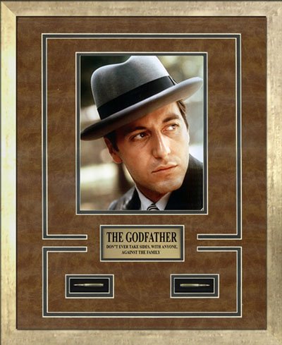 The Godfather Movie Memorabilia Al Pacino as Don Michael Corleone Framed Movie Photo, Plate, Bullets Custom Made Real Wood Modern Gold Frame (17 x 21)