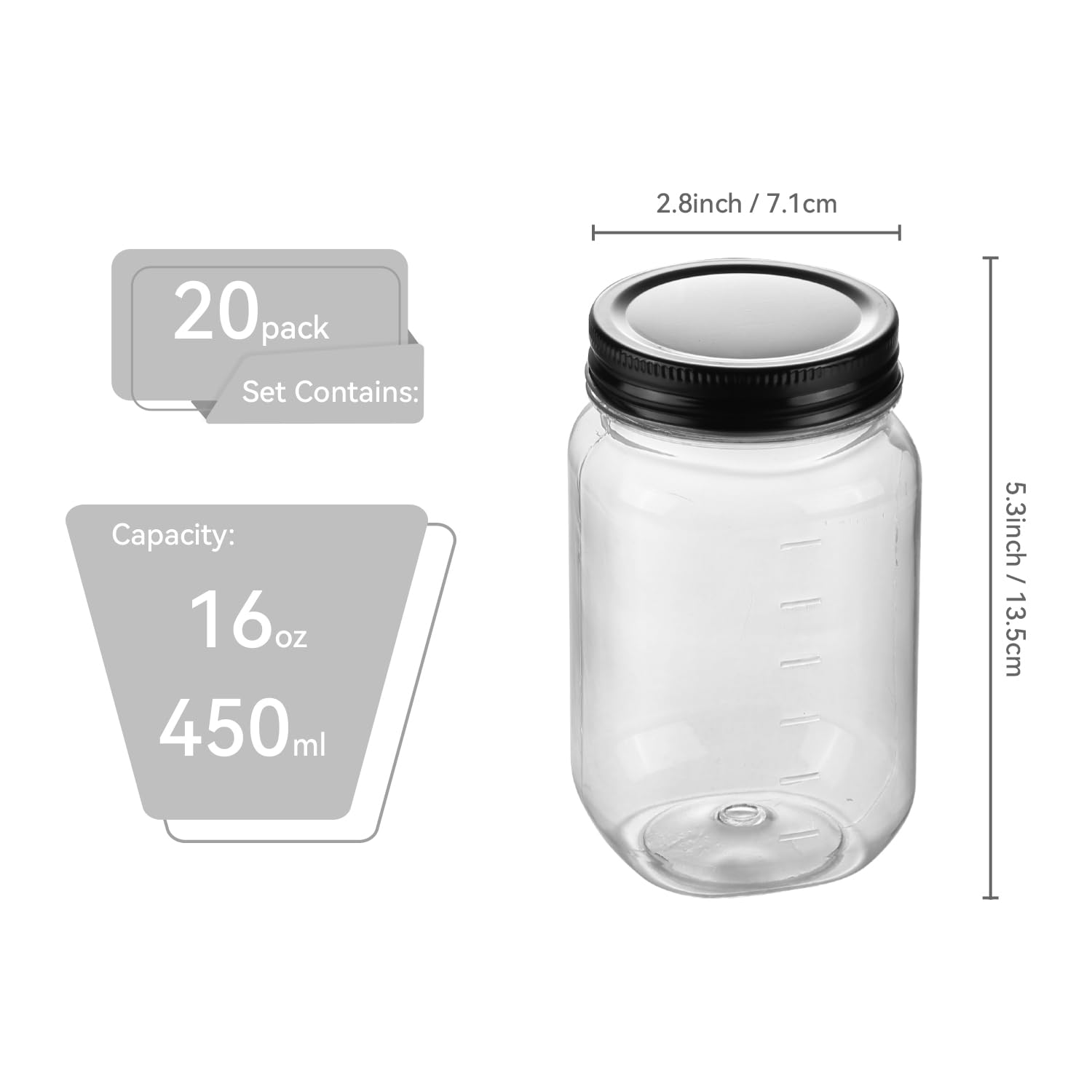 Barattoli di plastica da 473 ml con coperchi a vite (confezione da 20), colore nero