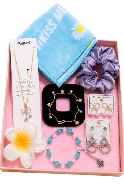 Women's Gift Hamper Set with Necklace,2 Pair Earrings & 2 pair Bracelet, Scrunchies,Soft Hand Towel, Flower Hair Clip-image-2