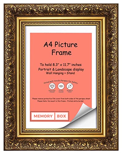 Memory Box French Baroque Style Ornate swept Antique style Picture/Photo/Poster frame, (21.0 x 29.7cm) Gold A4, FBA