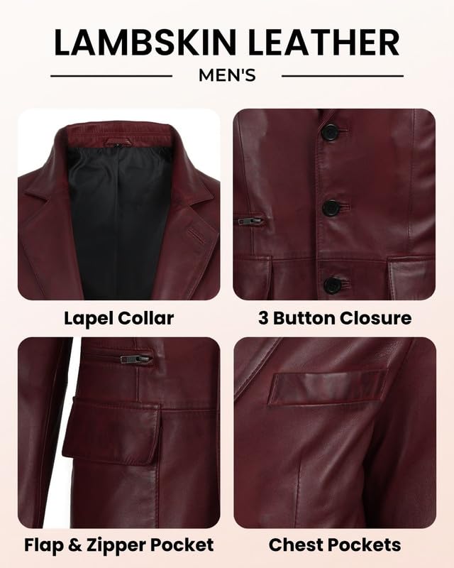 Image of Blingsoul Mens Leather Blazer Jacket - Real Lambskin Sport Coat with Notch Lapel Collar