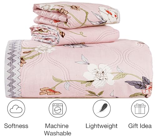 Image of Amazon Brand - Umi 100% Cotton Quilted /Ultrasonic 280 Tc Printed King Size Soft Bed Cover /Bedsheet /Bedspread Comforter with 2 Pillow Shams /Cover, (Luxurious, 90 x100 inches, Pink & Beige & White)