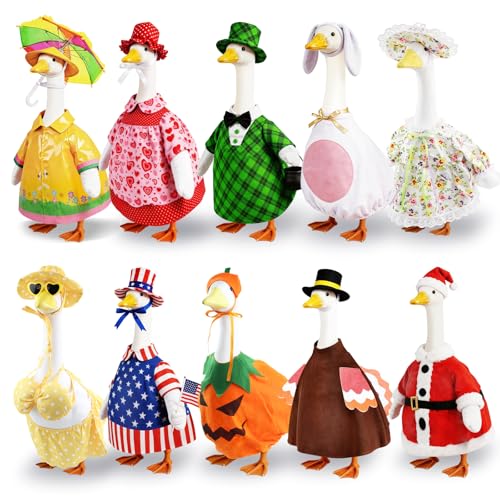 10 Set Porch Goose Outfits for 23 Lawn Goose Statue All Seasons Goose Clothes Bundle with Valentine St Patrick Easter Spring Floral Raincoat Summer Patriotic Halloween Thanksgiving Christmas Costumes