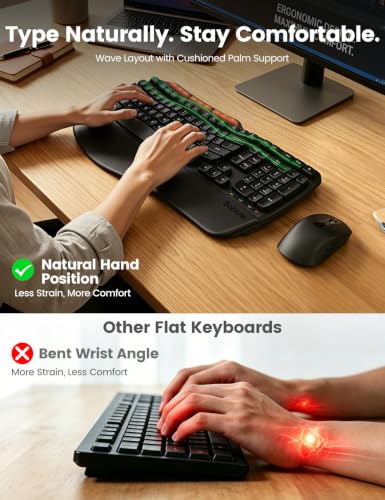 Image of Ergonomic Wireless Keyboard and Mouse Combo, Full Size Wave, Natural Typing | Memory Foam Leather Wrist Rest, Stable 2.4GHz Wireless, 6-Button Mouse, USB-A /USB-C Adapter for Office Computer Laptop Tablet