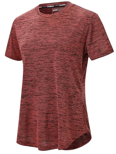 Tansozer Ladies T Shirts Short Sleeve Round Neck Tops Gym Activewear Summer T-Shirt Plain Crew Neck Sports Basic Tees, Orange Red, XL
