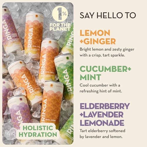 Image of RINGA Variety Pack Sparkling Hydration Drink - Cucumber Mint, Lavender Lemonade & Lemon Ginger - Organic Moringa + Apple Cider Vinegar with 3g Prebiotic Fiber - No Added Sugar, No Artificial or Natural Flavors - 12oz Cans (12 Pack)