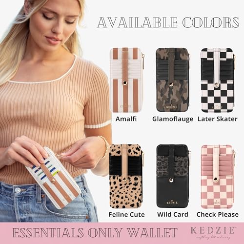 Image of KEDZIE Essentials Only Women's Zippered Wallet in Vegan Leather Small Card Holder Wallet Exterior ID Window - Feline Cute