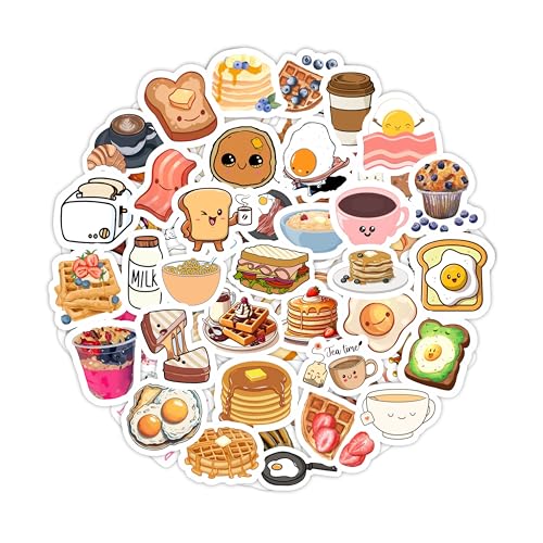Cute Breakfast Food Stickers for Scrapbooking, Water Bottle & Laptop – Breakfast Party Favors & Decorations, Kawaii Food Stickers, Waterproof Vinyl Decals