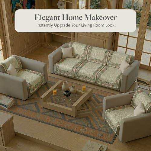 Image of Kuber Industries 5 Seater Sofa Cover | Velvet Slipcover for Living Room | Thick & Cozy | Non-Slip Comfort Sofa Cover Set | Digital Painting Juliet 1186 - Beige & Green