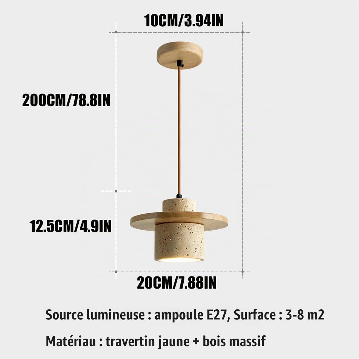 Style japonais moderne travertin suspension Wabi Sabi pierre suspension réglable en bois cuisine îlot luminaire mini cylindre éclairage suspendu pour restaurants, chambre à coucher, lustre E27