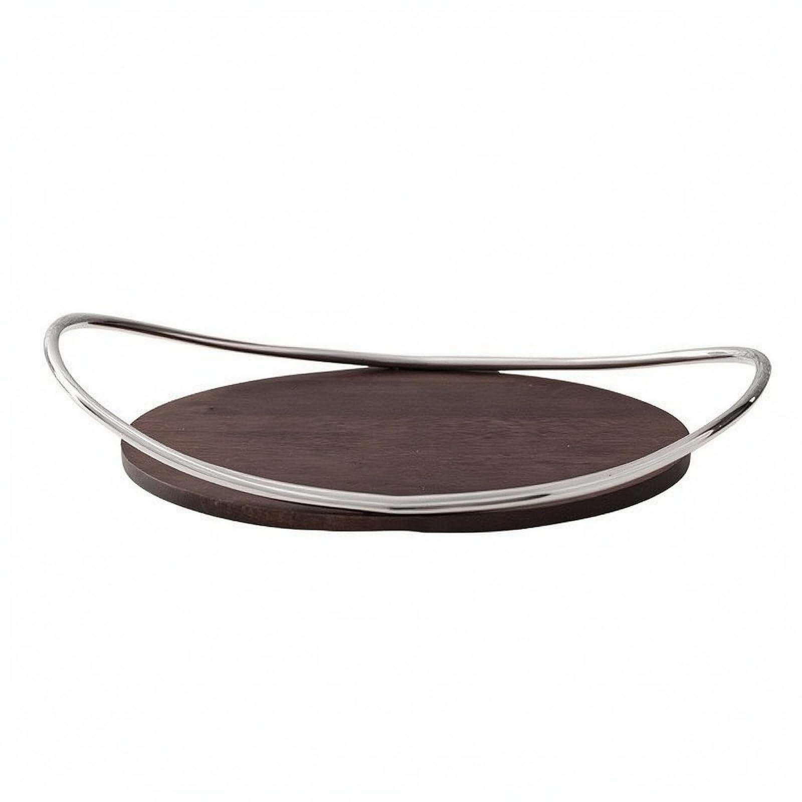F Fityle Bandeja de Acero Inoxidable Redonda con, Bandeja De Madera Maciza con Base Redonda Y Asa De Doble Arco