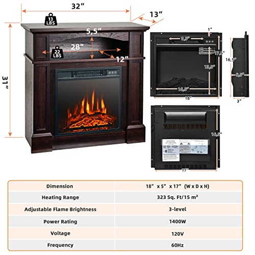Tangkula 32" Electric Fireplace With Mantel, 1400W Freestanding Heater With Remote Control & Adjustable Brightness, Multifunctional Mantel Fireplace With Storage Shelf For Living Room (Brown) #TOP3
