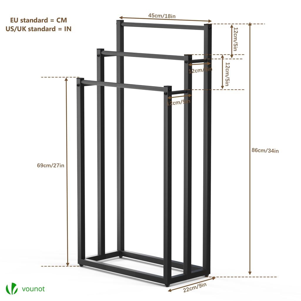 VOUNOT® Freestanding Towel Rail 3-Tier Metal Towel Stand, Stable Towel Holder Storage for Washcloths and Bathroom Accessories Black - Image 4