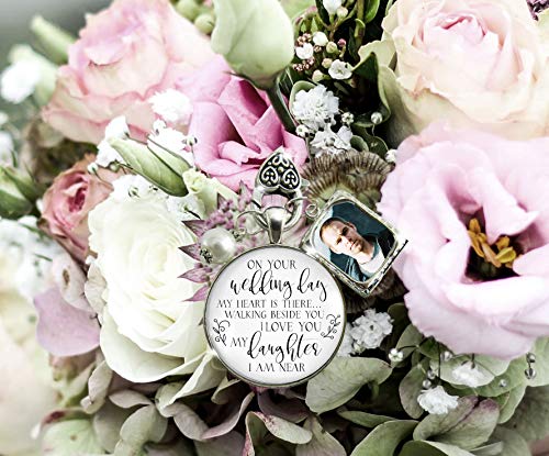 Bouquet Charm On Your Wedding Day Remembrance Of Mom Dad For Daughter White Silvertone Bridal Memorial Custom Photo Frame