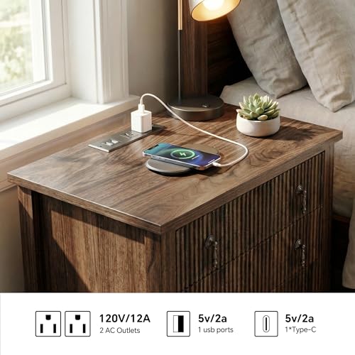 Image of FUSUNBAO Fluted Nightstand with Charging Station & 3 Drawers,Walnut | Vintage Bedside Table, 2 Fluted Drawers and Open Shelf, Rustic End Table, Power Outlet and USB Ports,End Table.bedroom