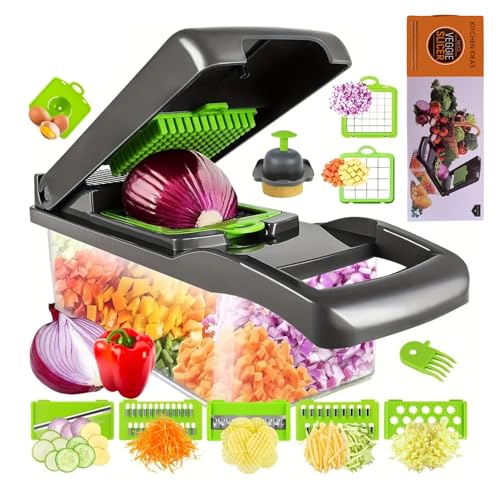 Vegetable Chopper Mandoline Slicer Cheese Grater - Veggie Onion Salad Food Chopper Manual – Potato Chipper - Multi-Functional - Kitchen Tools & Gadgets (14-in-1 Grey)