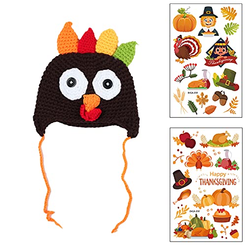 Baby Thanksgiving Christmas Beanie Turkey Hat and Stickers Brown Turkey Knitted Cap with Ear Flap Elk Hat Photo Prop