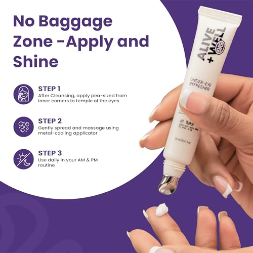 Image of Alive + Well No Baggage Under Eye Cream Gel for Dark Circles & Puffiness, with Caffeine & Tripeptides, Reduces Fine Lines & Crows Feet, Dermatologist Crafted, Cooling Massage Applicator -15ml (Pack of 2)